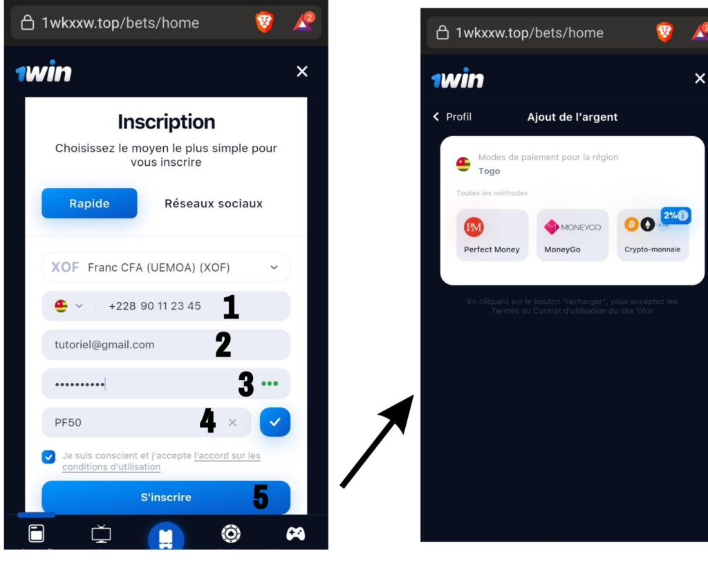Inscription rapide sur 1Win