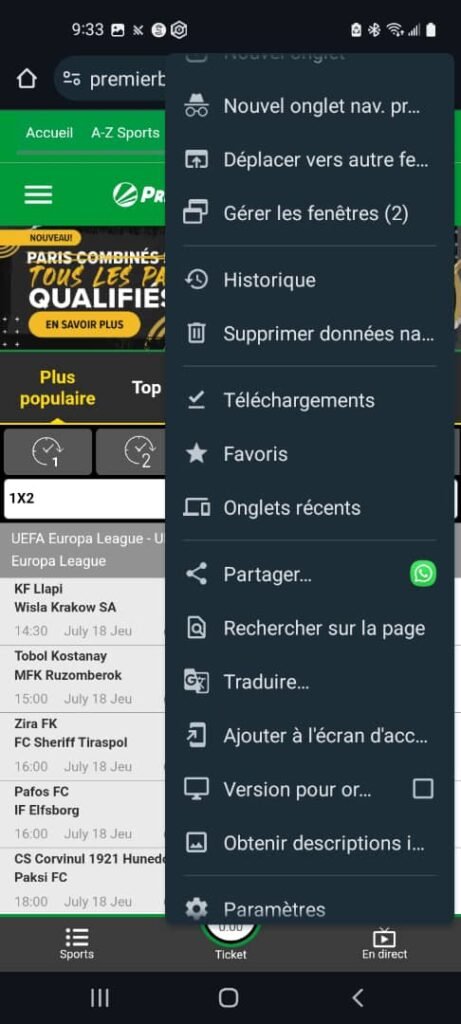 Comment parier sur Premier Bet Zone Mali | présentation du site 7 Etape 2 Ajouter premier bet zone mali à l'écran d'accueil