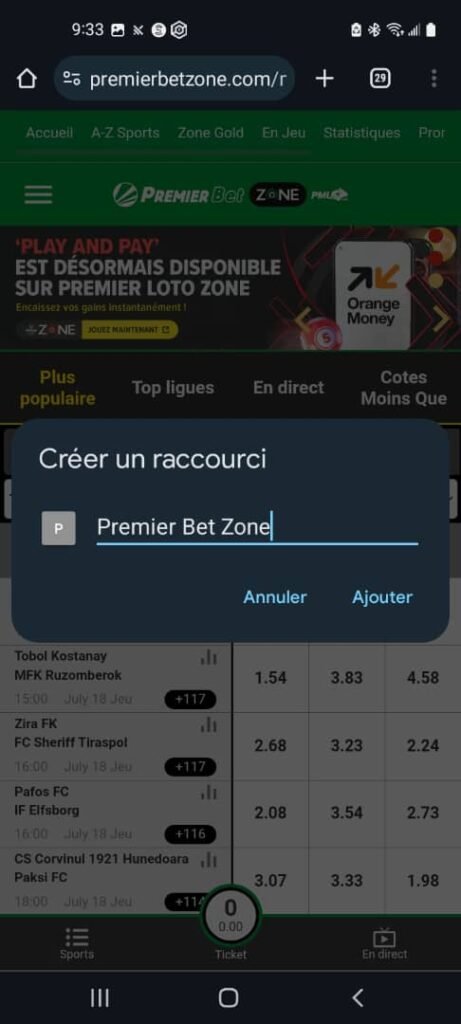 Comment parier sur Premier Bet Zone Mali | présentation du site 8 Etape 3 Ajouter premier bet zone mali à l'écran d'accueil