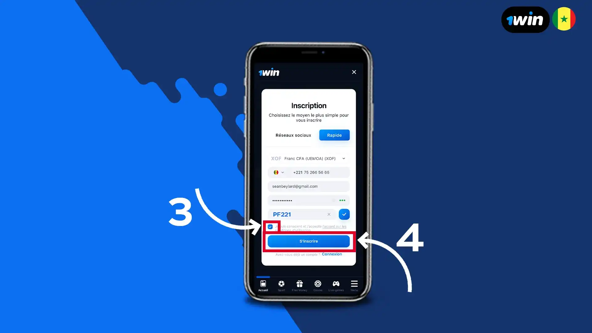Etape 2 pour sinscrire sur 1win Senegal