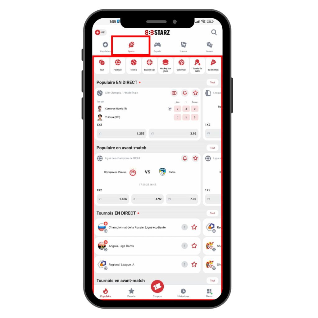 Section sport sur 888Starz Bénin