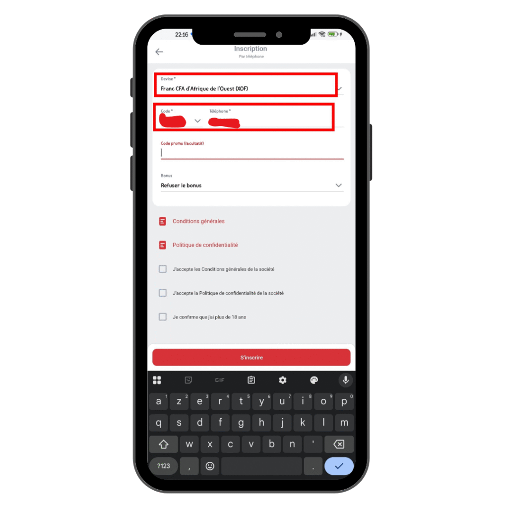 Inscription 888Starz Togo étape 2