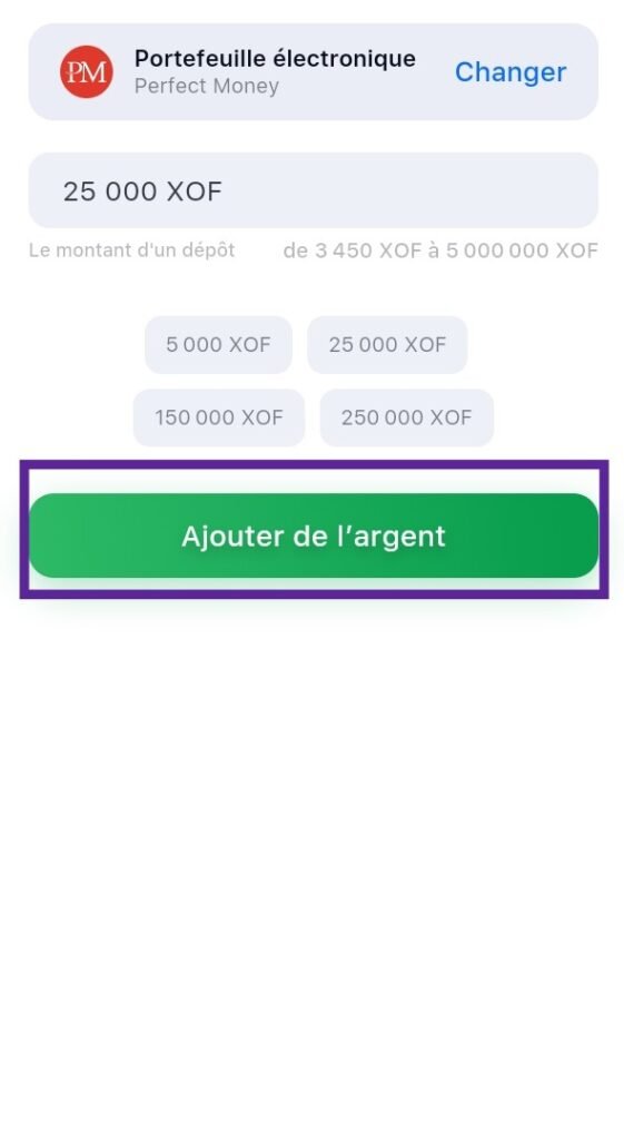 Dépôt 1win Gabon avec Perfect Money