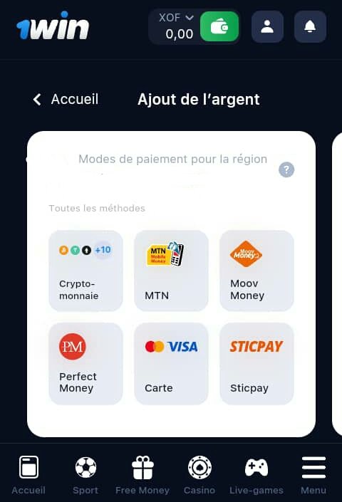 Méthodes de depot 1win Guinée