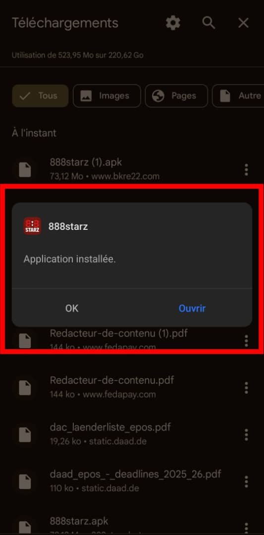 Fin de l'installation de 888starz Burkina Faso apk