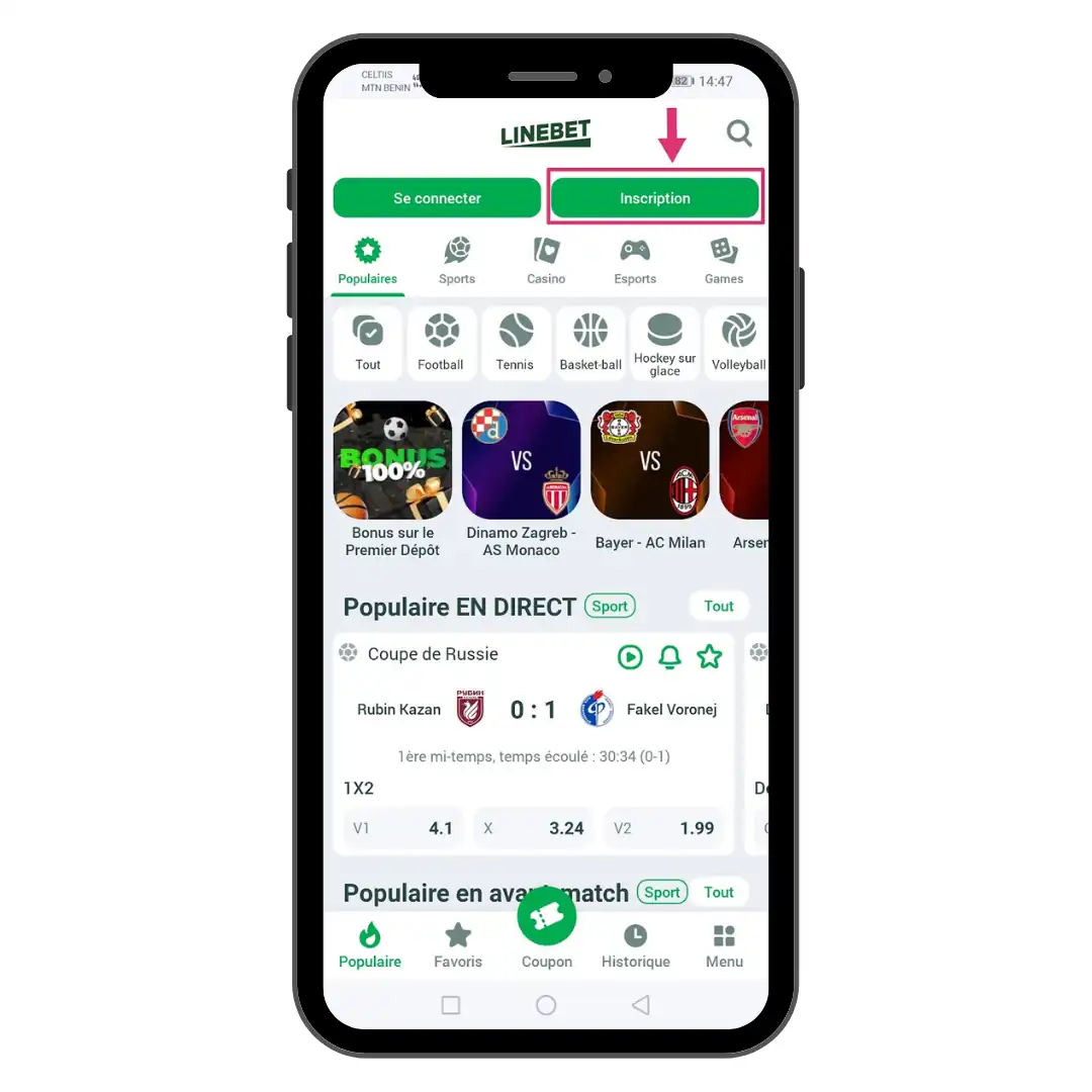 Inscription sur Linebet