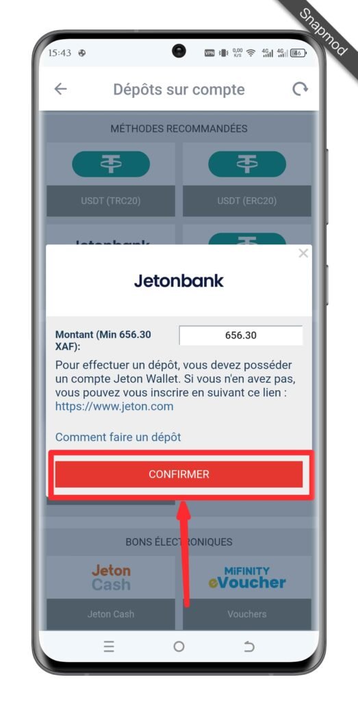 Saisissez le montant de dépôt et validez le dépôt