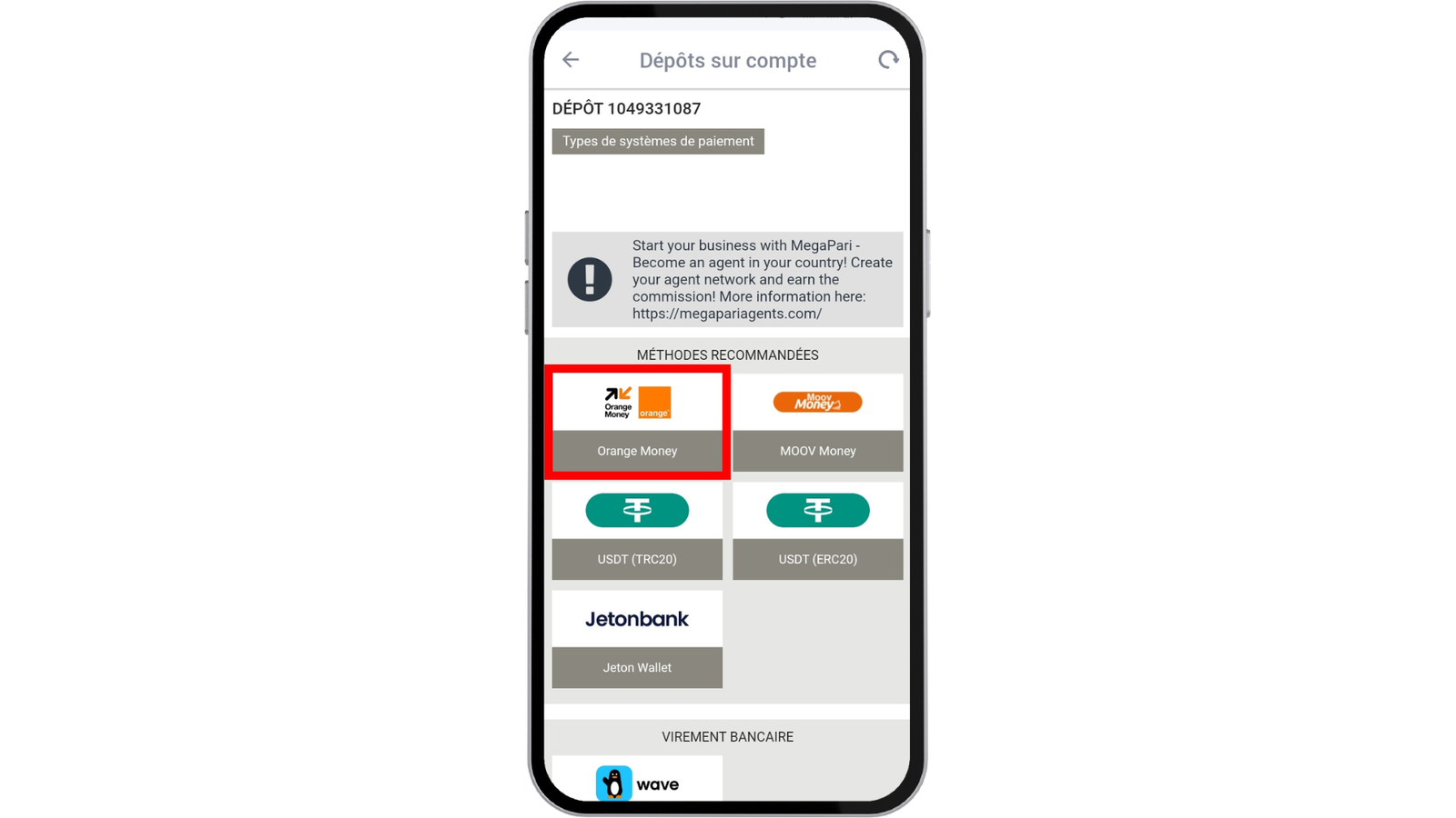 faire un dépôt sur MegaPari Burkina Faso 2