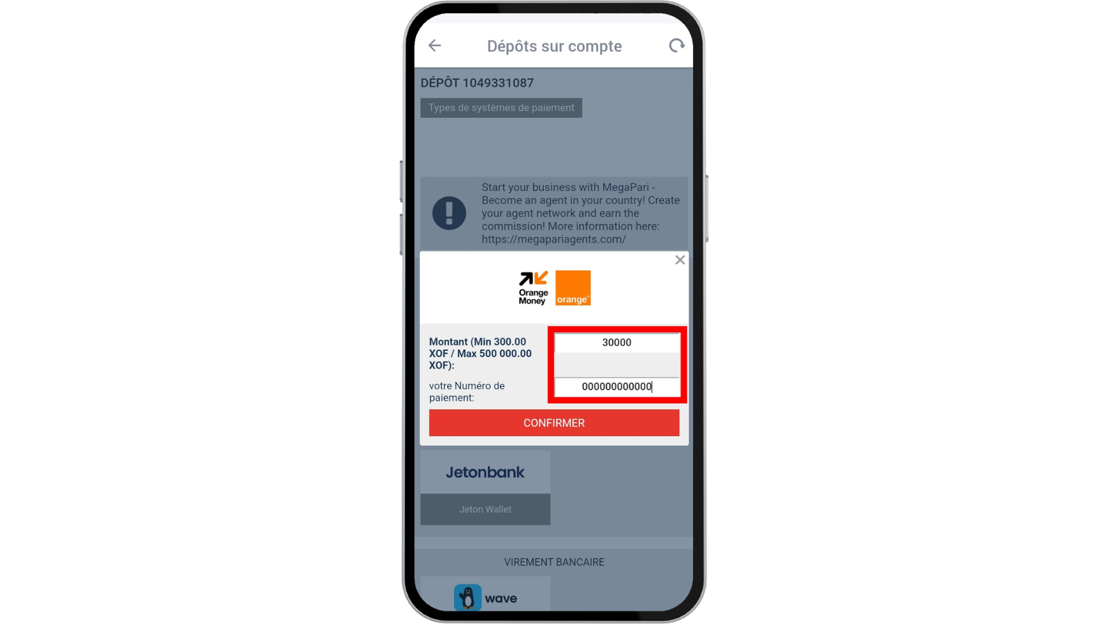 faire un dépôt sur MegaPari Burkina Faso 3