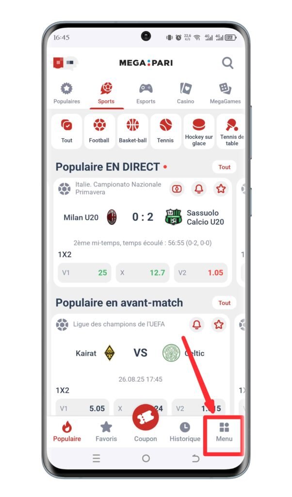 Ouvrez l’application et cliquez sur le « Menu »