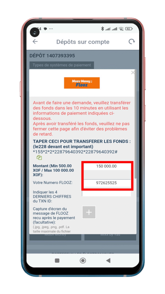 Renseignez le montant de dépôt et validez