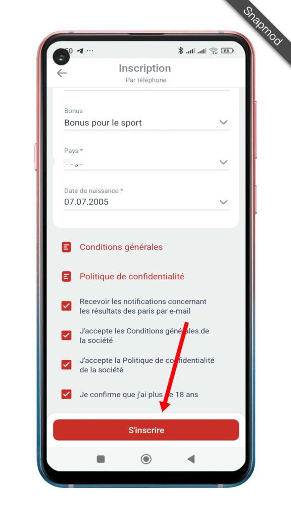 Comment faire une inscription sur MegaPari Cameroun ? 8 Accepter les conditions et cliquer sur "S'inscrire"
