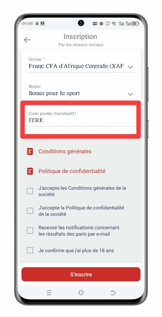 Entrez le code promo Megapari Cameroun 1TRE