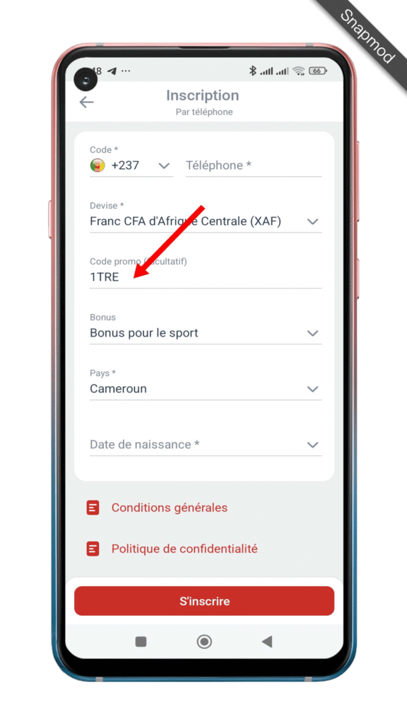 Comment faire une inscription sur MegaPari Cameroun ? 7 Remplir le formulaire et ajouter le code promo 1TRE